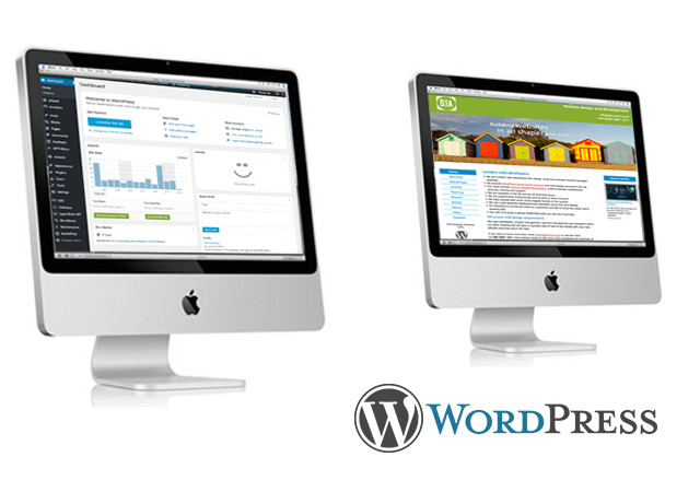 WordPress website and dashboard displayed on computer screen with WordPress logo