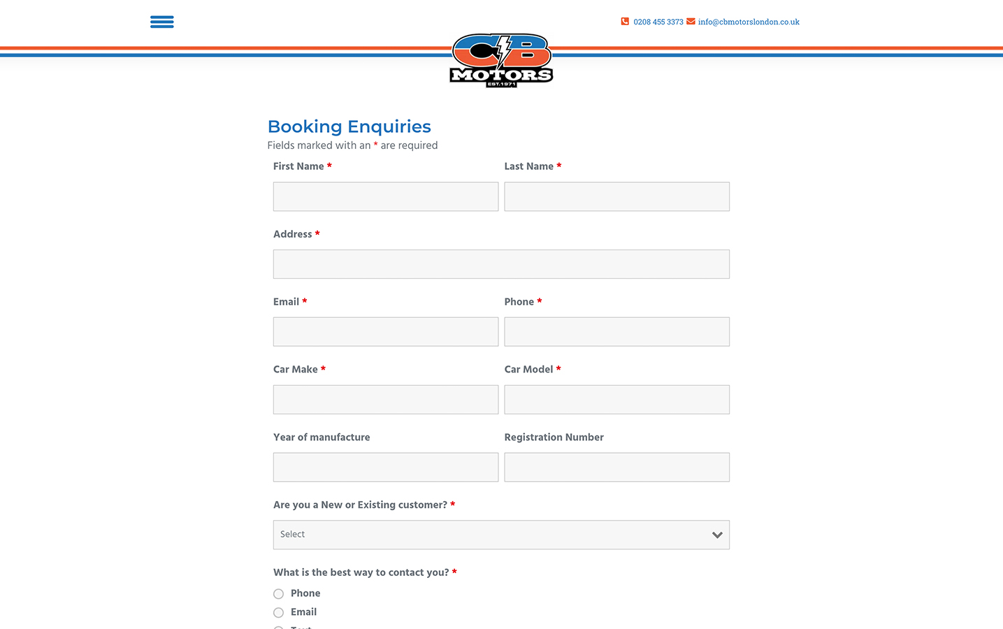 CB Motors WordPress Website Enquiry Form
